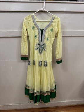 Girls Yellow & Green Embroidered Party Dress